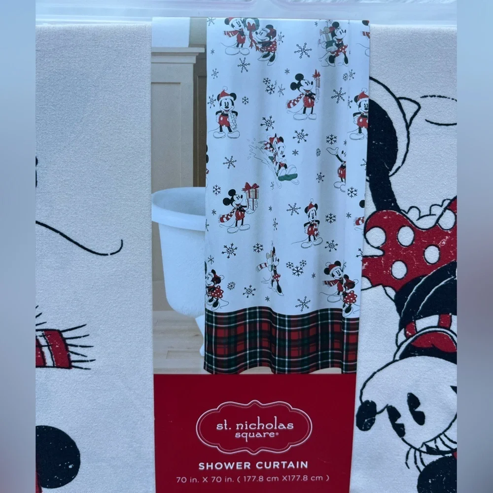 🆕 DISNEY Mickey and Minnie Shower Curtain Bath Rug  Hand Towel Bathroom Set